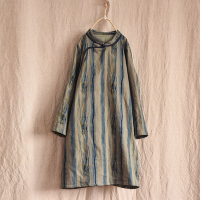 Vintage Asymmetric Front Striped Cotton Linen Dress for Women