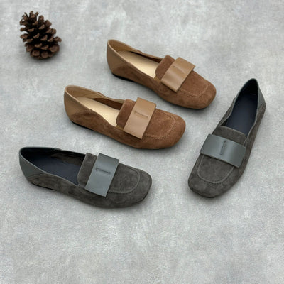 Ladies Elegant Vintage Soft Leather Suede Loafers with Wide Bow