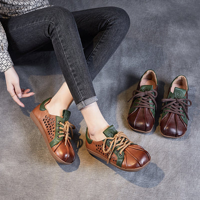 Spring Retro Hollow Soft Sole Color Block Leather Casual Shoes