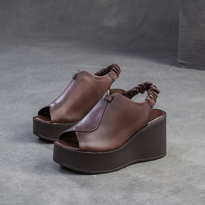 Women Retro Elegant Genuine Leather Wedge Sandals ¨C Black & Coffee