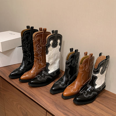 Retro Vintage Genuine Leather Pointed Toe Patchwork Boots