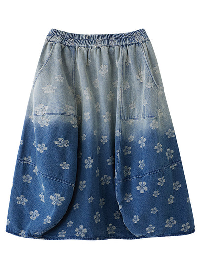 Ladies Retro Distressed Gradient Jacquard A-Line Denim Skirt