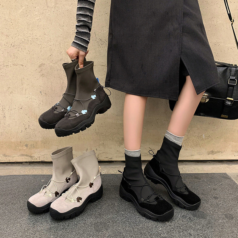 Fashionable Leather Sueded Patchwork Platform Ankle Boots