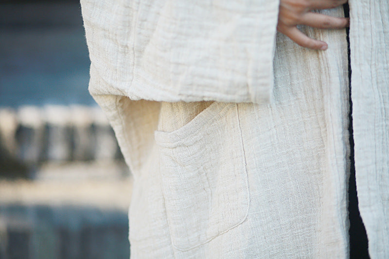 Women Loose Solid Beige Linen Cardigans