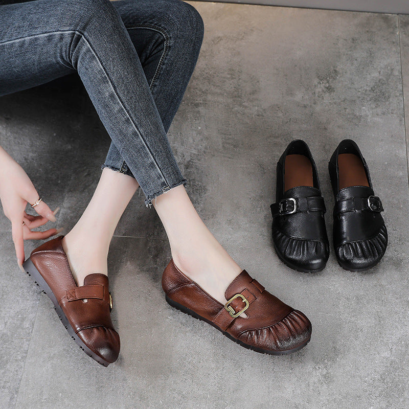 Babakud Women Spring Retro Genuine Leather Soft Sole Casual Flats