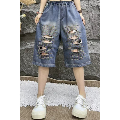 Summer Women Denim Loose Striped Patchwork Harem Shorts