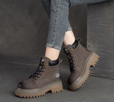 Women Retro Fashion Lace- Up Platform Leather Boots