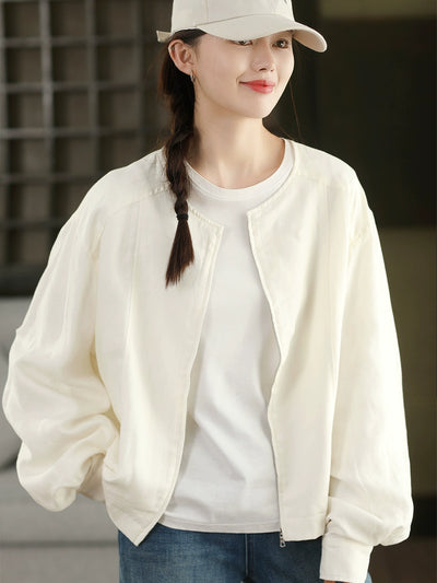 Women Retro Linen Round Neck Zipper Solid Color Jacket