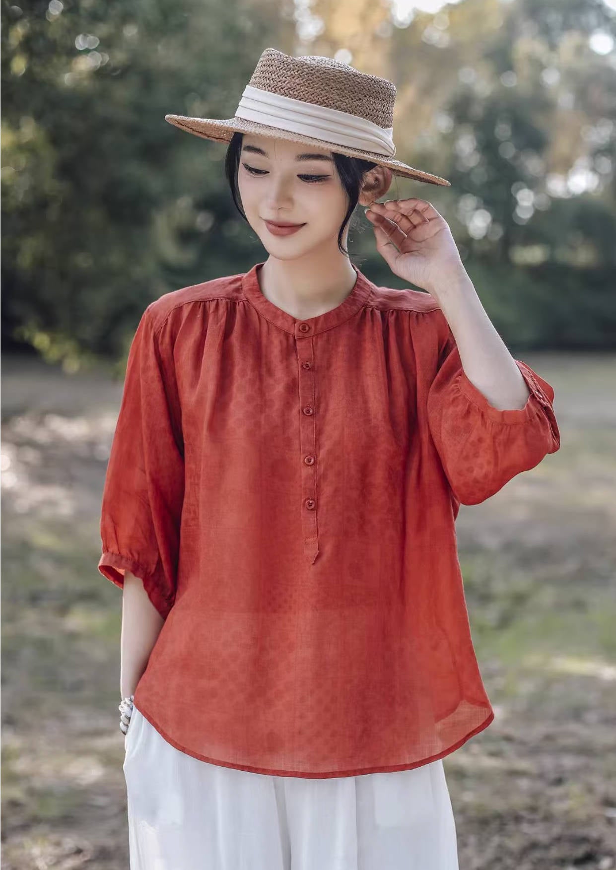 Summer Ramie Casual Subtle Pattern Round Neck Button Shirt