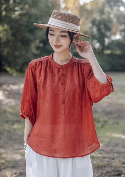 Summer Ramie Casual Subtle Pattern Round Neck Button Shirt