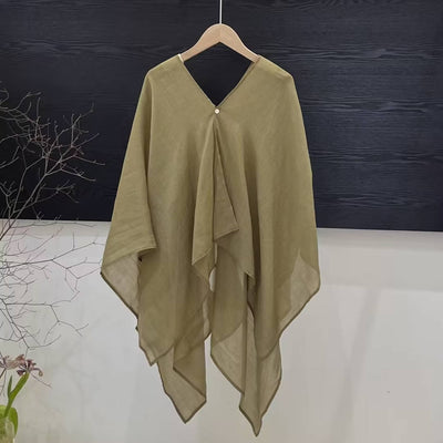 Women Spring Retro Casual Ramie V-Neck Asymmetric Shirt