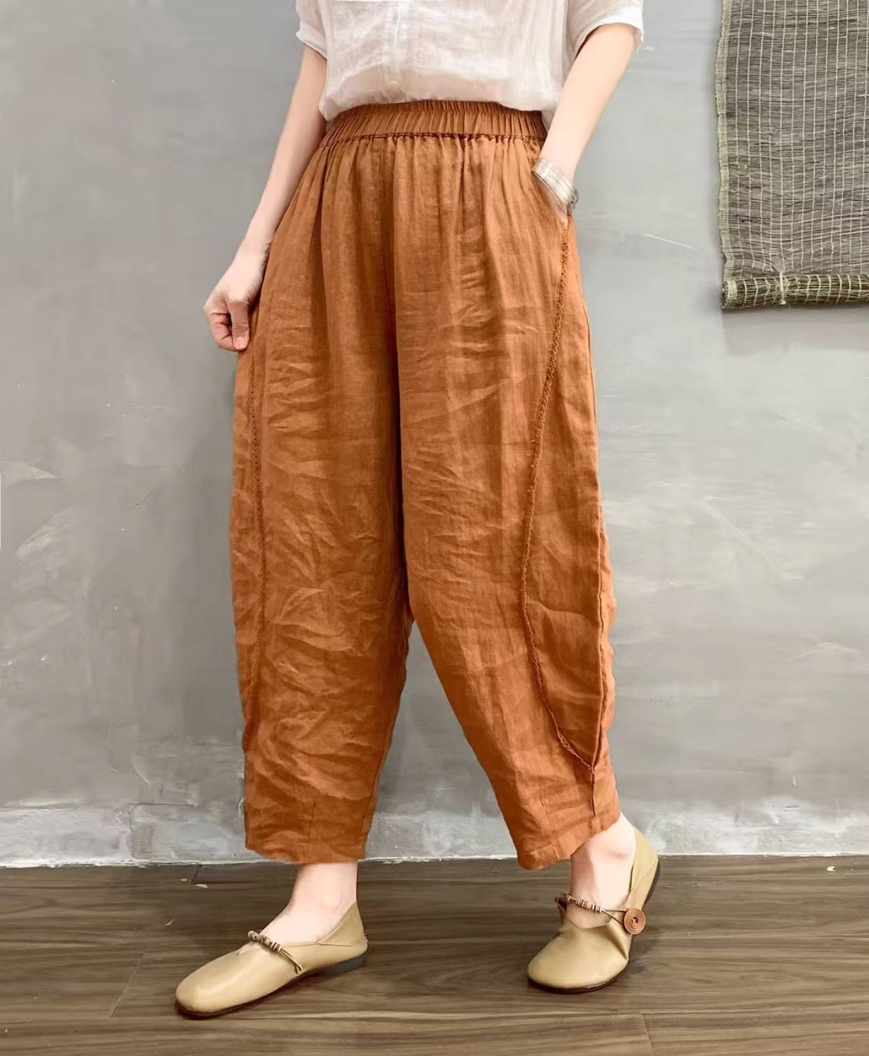 Women Spring Casual Linen Elastic Waist Harem Cropped Pants