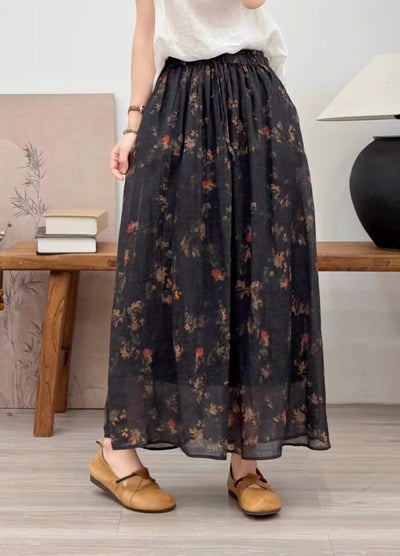 Summer Elegant Vintage Ramie Floral High Waisted A-Line Lace Up Skirt