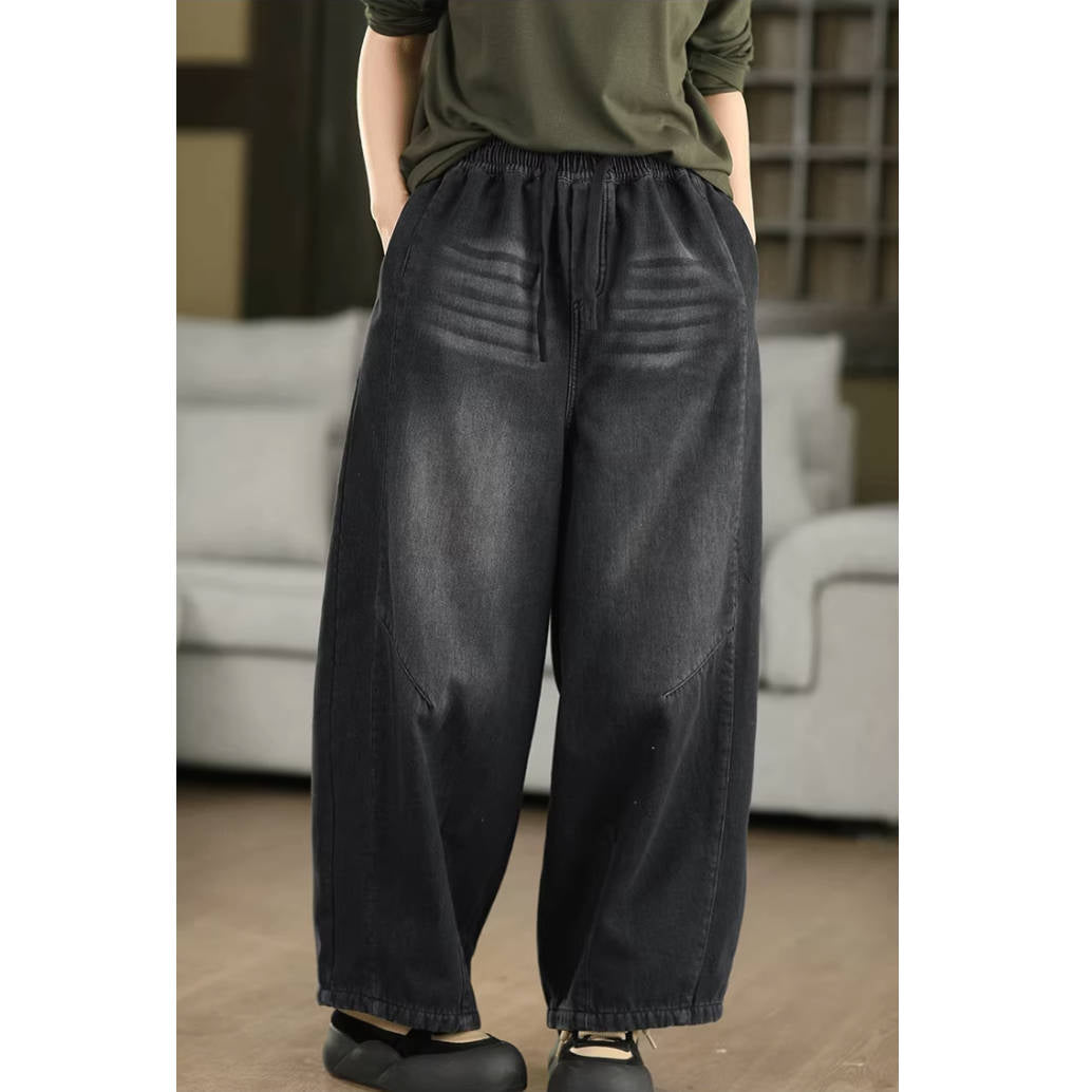 Jean d'hiver rétro en denim épais et pelucheux délavé à lacets