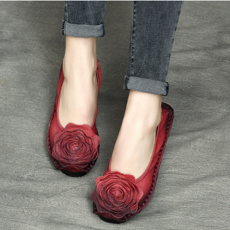Babakud Women Spring Ethnic Flower Premium Leather Casual Shoes