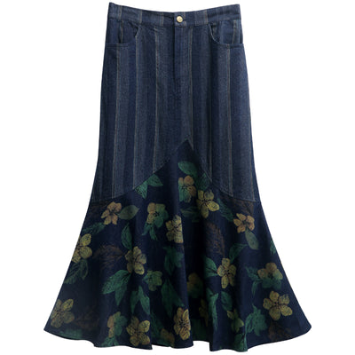 Women Autumn Vintage High-Waist Striped Floral Denim Skirt