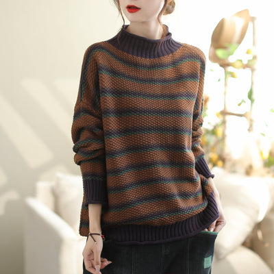 Autumn Casual Loose Fashion Knitted Stripe Cardigan