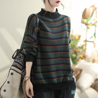 Autumn Casual Loose Fashion Knitted Stripe Cardigan