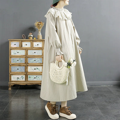 Autumn Casual Loose Ruffle Patchwork A-Line Dress Nov 2023 New Arrival Beige One Size 