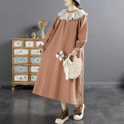 Autumn Casual Loose Ruffle Patchwork A-Line Dress Nov 2023 New Arrival Orange One Size 