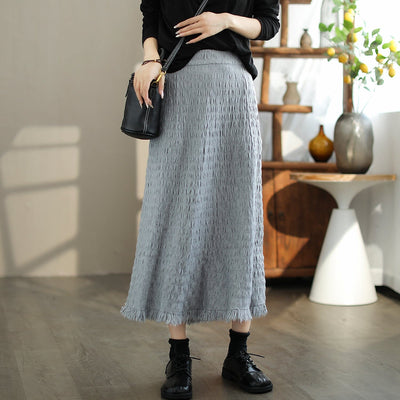 Autumn Casual Minimalist Pleated Tassels Skirt Nov 2023 New Arrival One Size Gray 