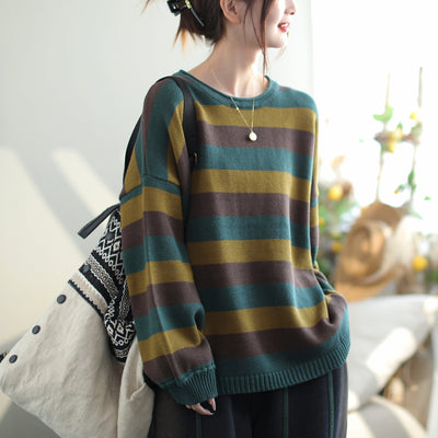 Autumn Fashion Stripe Cotton Knitted Loose Sweater