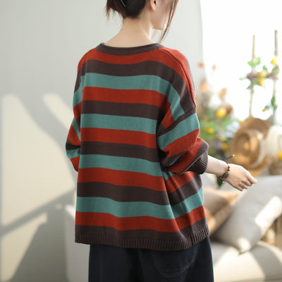 Autumn Fashion Stripe Cotton Knitted Loose Sweater Nov 2023 New Arrival 