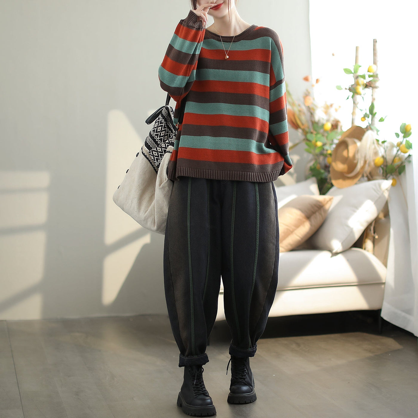 Autumn Fashion Stripe Cotton Knitted Loose Sweater Nov 2023 New Arrival 