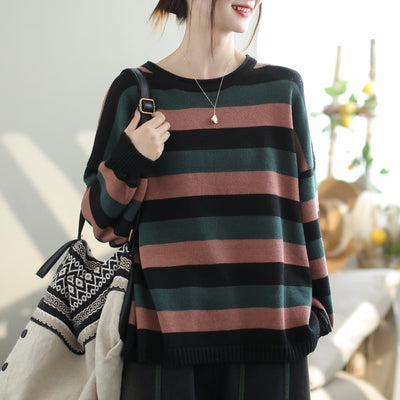 Autumn Fashion Stripe Cotton Knitted Loose Sweater Nov 2023 New Arrival One Size Black 