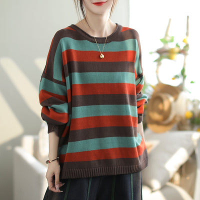 Autumn Fashion Stripe Cotton Knitted Loose Sweater Nov 2023 New Arrival One Size Coffee 
