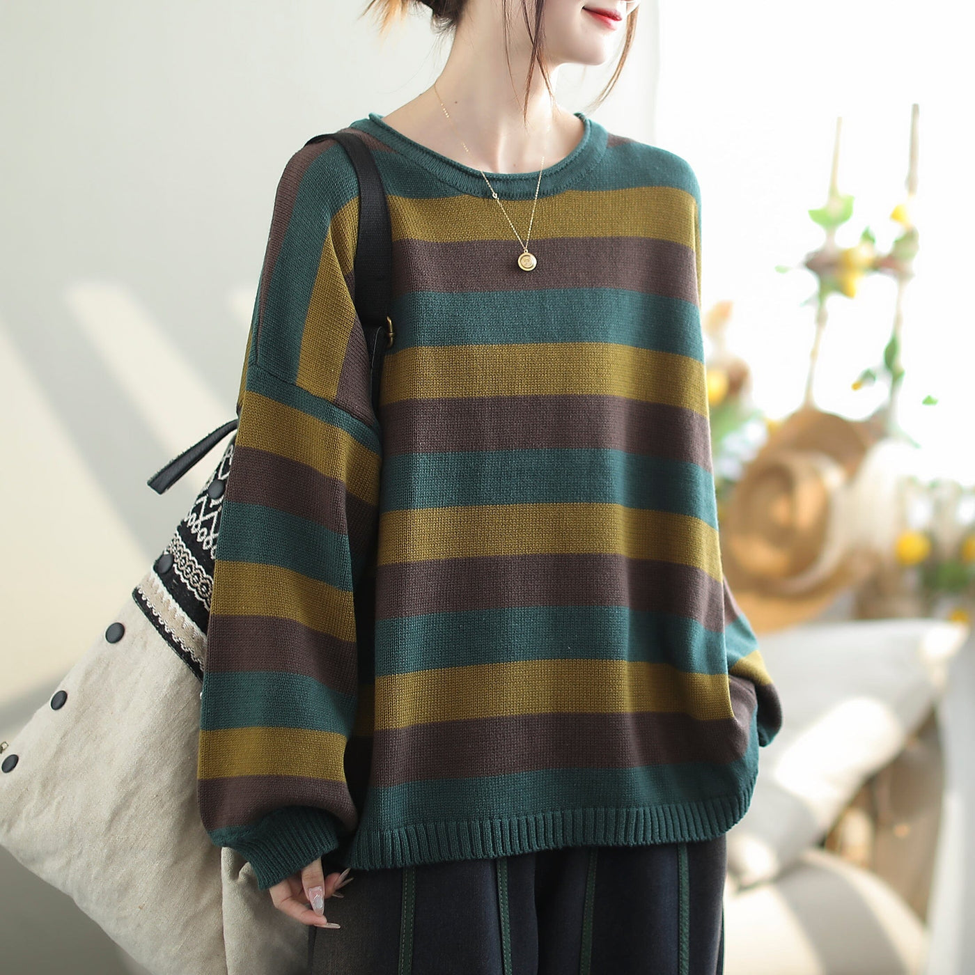 Autumn Fashion Stripe Cotton Knitted Loose Sweater Nov 2023 New Arrival One Size Green 