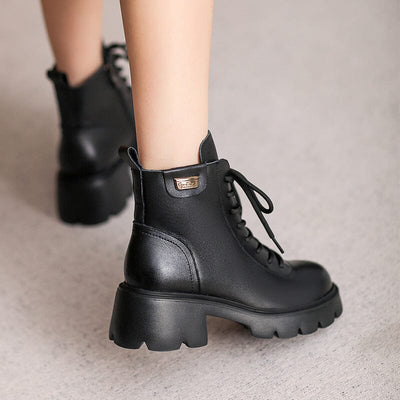 Autumn Retro Casual Leather Chunky Heel Boots