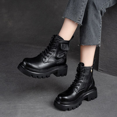 Autumn Retro Chunky Platform Cowhide Leather Boots Nov 2023 New Arrival 
