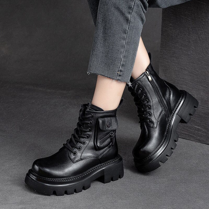 Autumn Retro Chunky Platform Cowhide Leather Boots Nov 2023 New Arrival 