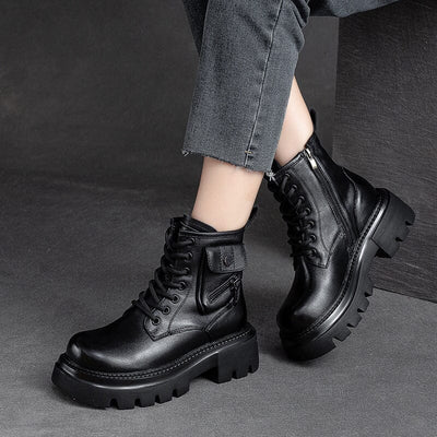 Autumn Retro Chunky Platform Cowhide Leather Boots