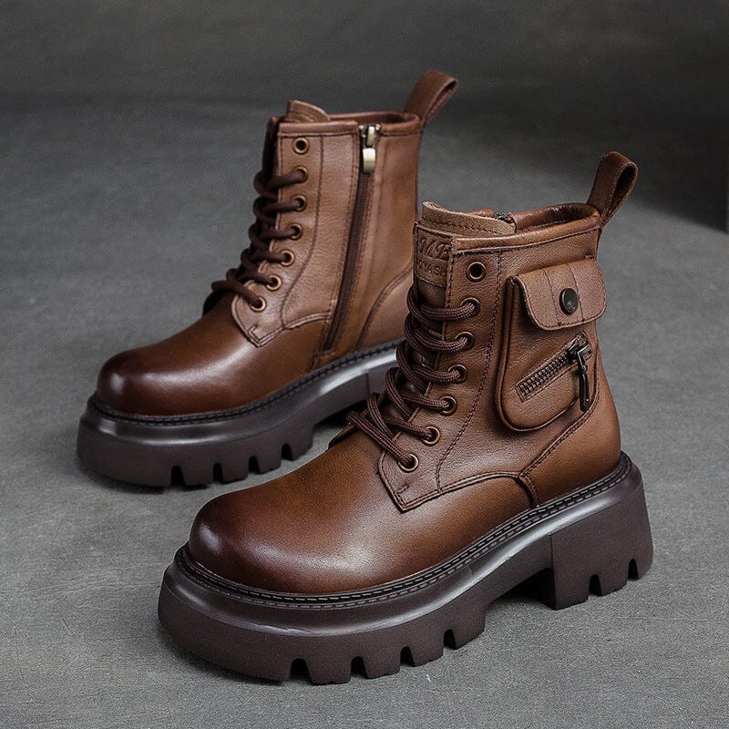 Autumn Retro Chunky Platform Cowhide Leather Boots