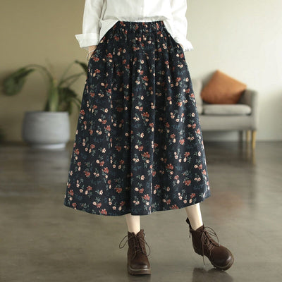 Autumn Retro Corduroy Print Floral Skirt