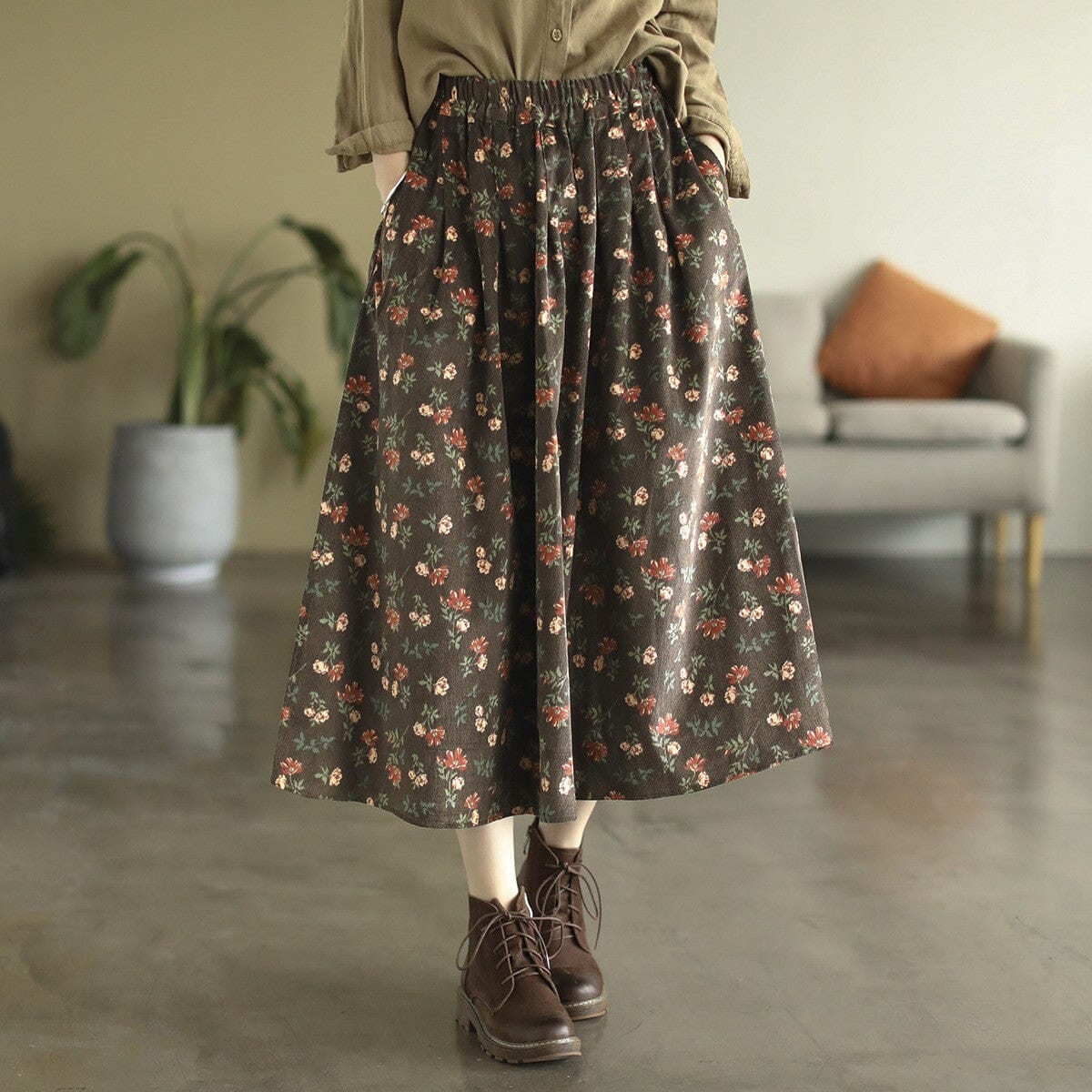 Autumn Retro Corduroy Print Floral Skirt