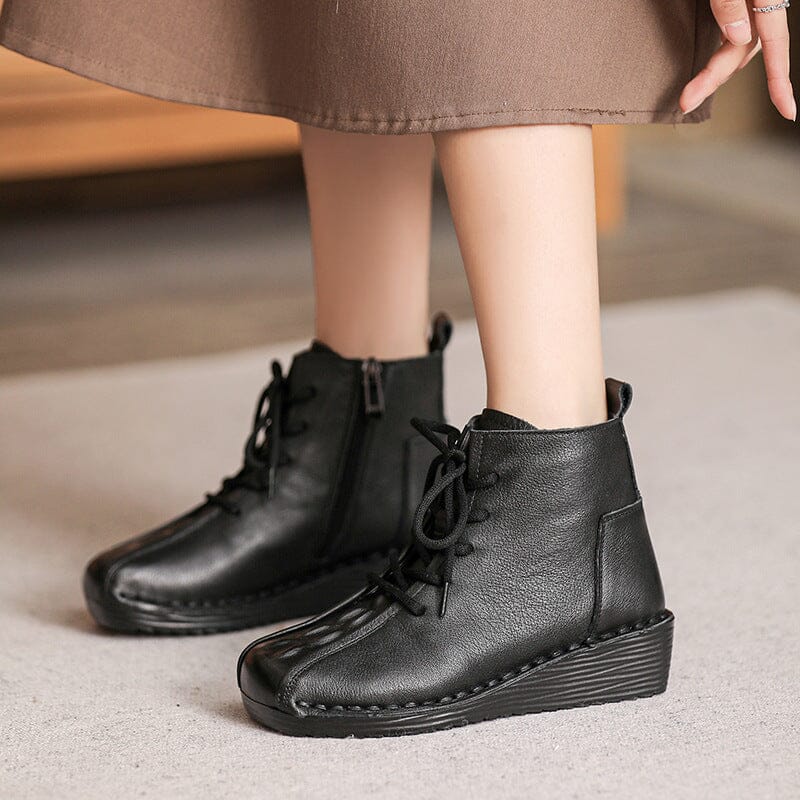 Autumn Retro Leather Casual Low Wedge Boots