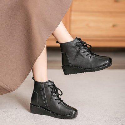 Autumn Retro Leather Casual Low Wedge Boots