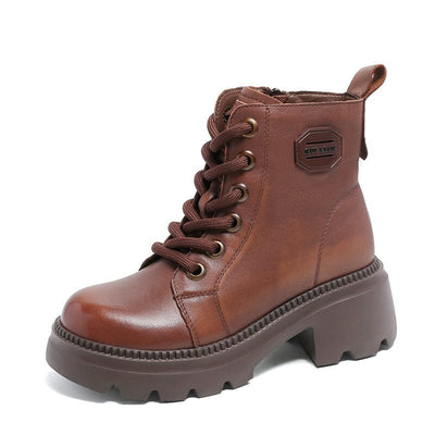 Autumn Retro Leather Chunky Heel Boots