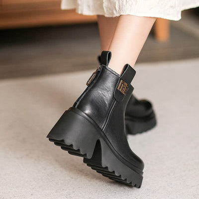 Autumn Retro Leather Chunky Platform Ankle Boots