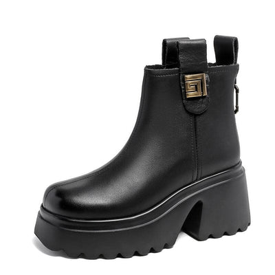 Autumn Retro Leather Chunky Platform Ankle Boots