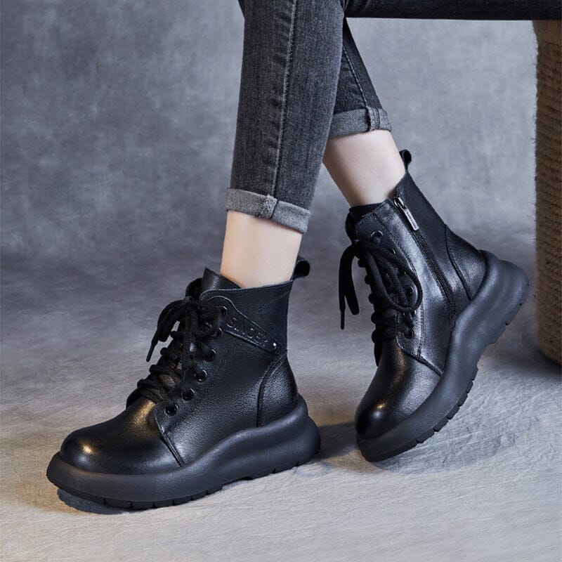 Autumn Retro Leather Patchwork Thick Soled Boots