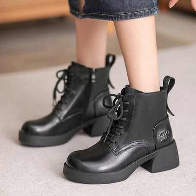 Autumn Retro Patchwork Leather Chunky Heel Boots