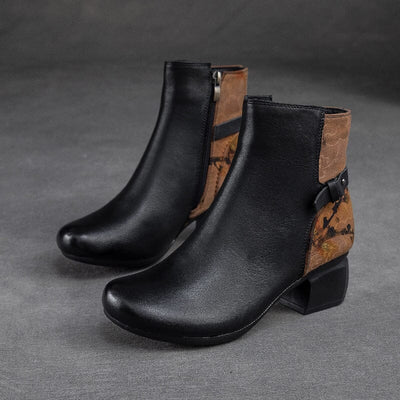 Autumn Retro Patchwork Leather Chunky Heel Boots