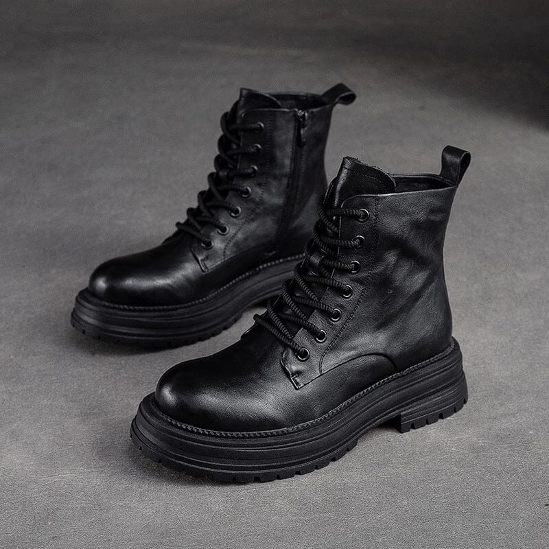 Autumn Retro Pleated Leather Casual Thick Soled Boots