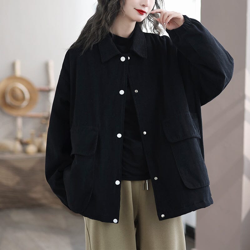 Autumn Solid Fashion Casual Loose Cotton Jacket Nov 2023 New Arrival One Size Black 