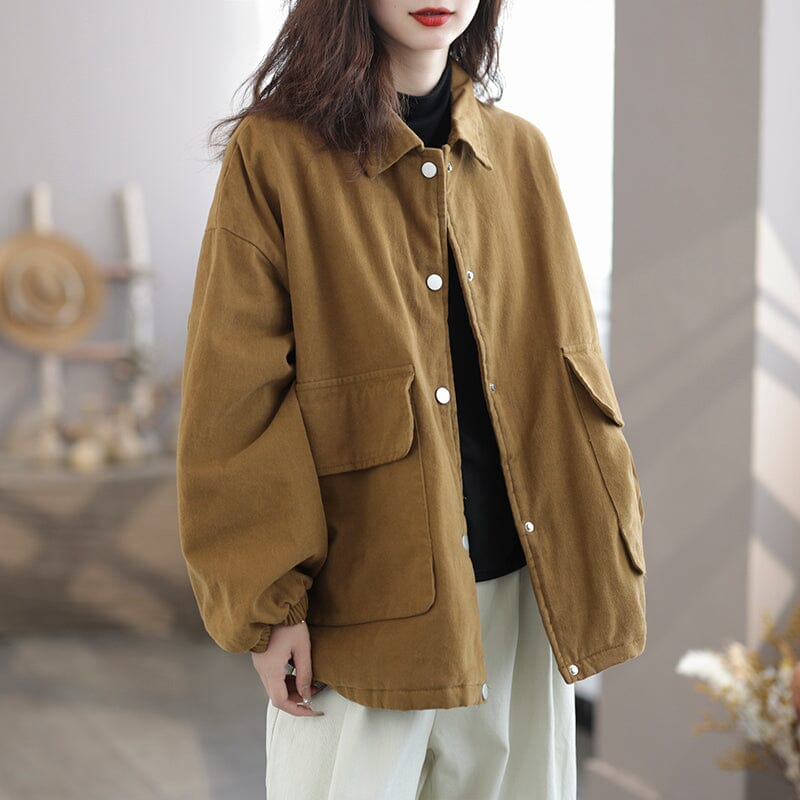 Autumn Solid Fashion Casual Loose Cotton Jacket Nov 2023 New Arrival One Size Yellow 