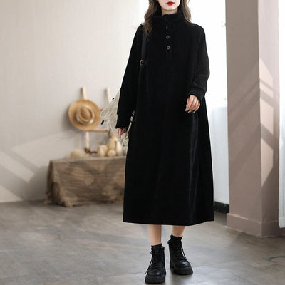 Autumn Winter Casual Minimalist Black Corduroy Dress